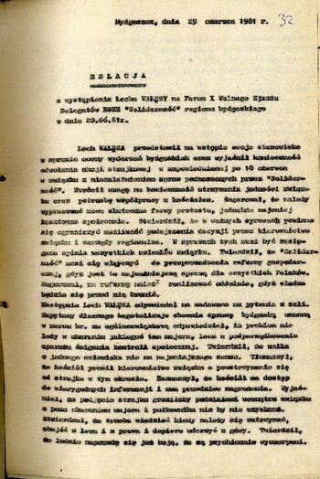 Relacja z wystąpienia Lecha Wałęsy na Forum I Walnego Zjazdu Delegatów NSZZ „Solidarność” Regionu Bydgoskiego 20.06.1981 r. #6