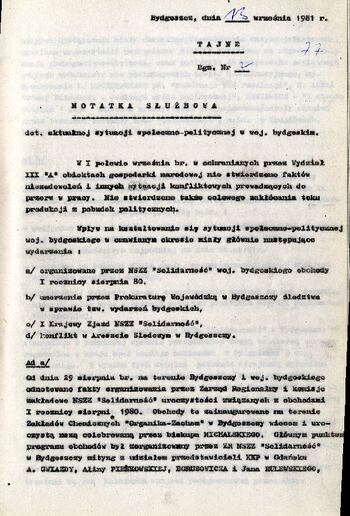 Notatka służbowa z dnia 13.09.1981 r. o sytuacji społeczno – politycznej w województwie bydgoskim /fragment/ #1
