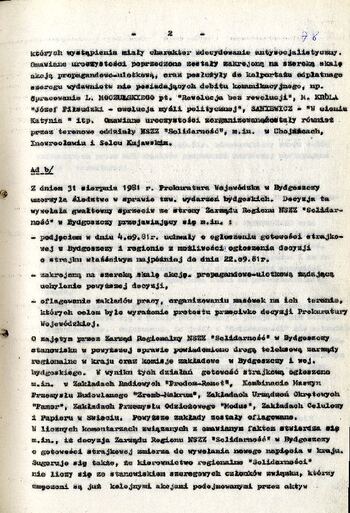 Notatka służbowa z dnia 13.09.1981 r. o sytuacji społeczno – politycznej w województwie bydgoskim /fragment/ #2