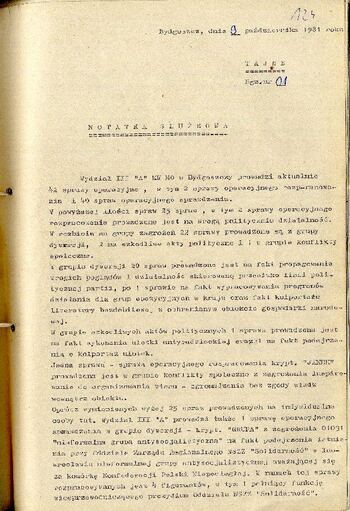 Notatka służbowa z dnia 09.10.1981 r. o sytuacji społeczno – politycznej w województwie bydgoskim #1