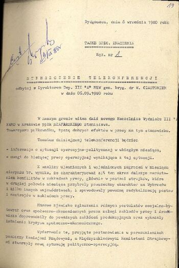 Streszczenie telekonferencji Dyrektora Departamentu III ”A” MSW - W. Ciastonia, dotyczącej sytuacji politycznej w kraju z dnia 06.09.1980 r. #9