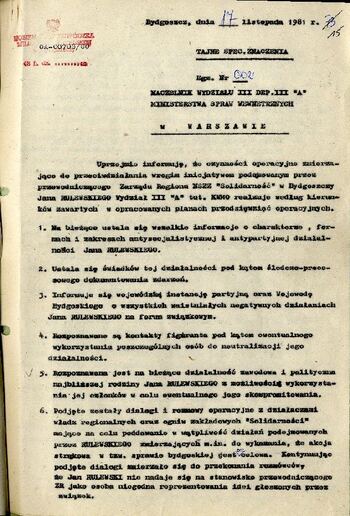 Fragment pisma do MSW z dnia 17.11.1981 r. w sprawie przedsięwzięć operacyjnych podjętych wobec Przewodniczącego Zarządu Regionu NSZZ „Solidarność” w Bydgoszczy – Jana Rulewskiego