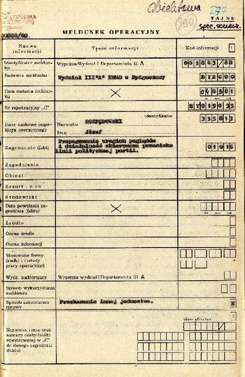 Meldunek operacyjny dotyczący działalności opozycyjnej działacza „Solidarności” Mariusza Łabentowicza