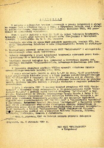 Komunikat MKZ NSZZ „Solidarność” w Bydgoszczy z dnia 6 stycznia 1981 r. o strajku w Ustrzykach Dolnych