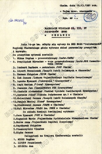Informacja na temat składu Zarządu Regionu Chełmskiego NSZZ Solidarność i Prezydium ZR, 18 III 1981, IPN Lu 0120/74 t. 2, k. 120