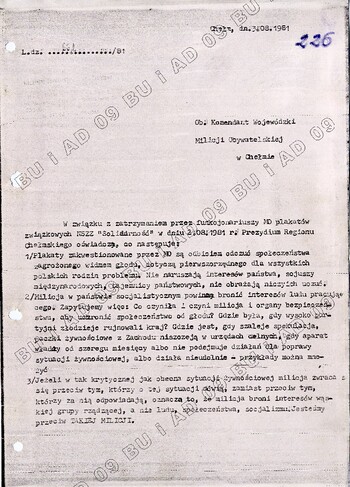 Pismo Prezydium Zarządu Regionu NSZZ „Solidarność” w Chełmie do komendanta wojewódzkiego MO w Chełmie, 3 VIII 1980, Lu_0120/74 t. 4, k. 226