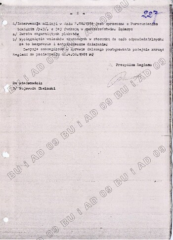 Pismo Prezydium Zarządu Regionu NSZZ „Solidarność” w Chełmie do komendanta wojewódzkiego MO w Chełmie, 3 VIII 1980, Lu_0120/74 t. 4, k. 227