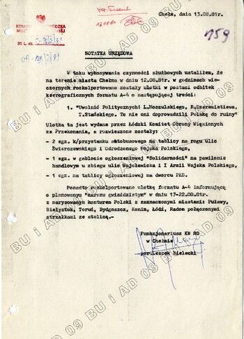 Notatka urzędowa funkcjonariusza MO por. Leszka Bieleckiego, 13 VIII 1981, IPN Lu 0120/74 t. 2, k. 159