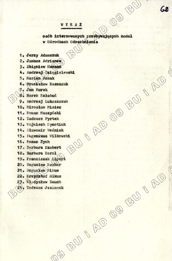 Wykaz internowanych z Regionu Chełmskiego NSZZ „Solidarność”, maj 1982, IPN Lu 0120/74, t. 6, k. 62