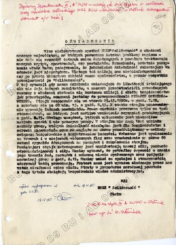 Oświadczenie Międzyzakładowego Komitetu Założycielskiego NSZZ Solidarność w Chełmie, 19 XII 1980, sygn. IPN Lu 0120/74 t. 1, k. 179.
