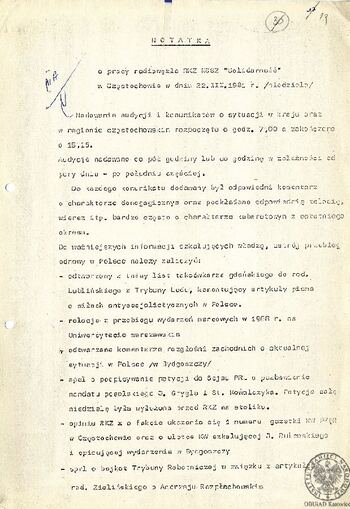 Notatka o pracy radiowęzła RKZ KSSZ Solidarność