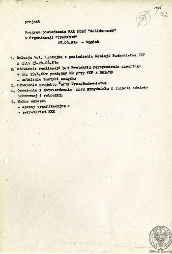 Projekt programu posiedzenia KKK NSZZ Solidarność