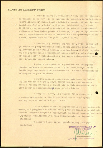 Sprawa Operacyjnego Sprawdzenia „Anna”. Dot. zamiaru zorganizowania przez Zarząd NSZZ S #7