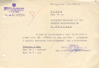 KWMO Elbląg, pismo z dn. 01.09.1980 r. przesyłające zdjęcia mężczyzny kontaktującego się z figurantem
