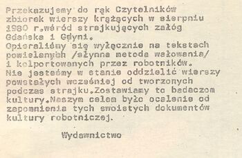 Karta wewnętrzna tomiku wierszy „Przestańcie stale nas przepraszać”; Materiały WUSW Gdańsk