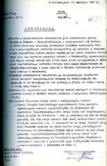 Informacja o sytuacji społeczno – politycznej w województwie włocławskim w ramach akcji „Lato-80” z dnia 19.08.1980 r.