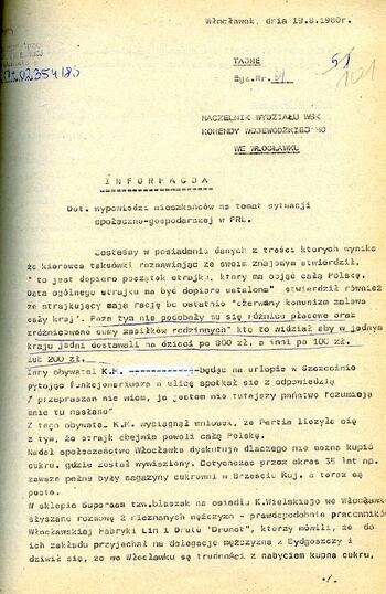 Informacja z dnia 19.08.1980 r. dotycząca wypowiedzi mieszkańców na temat sytuacji społeczno – gospodarczej.