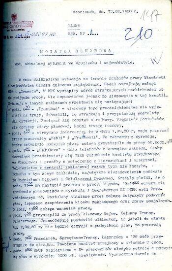Notatka służbowa o sytuacji społeczno – politycznej w województwie włocławskim z dnia 30.08.1980 r. #3