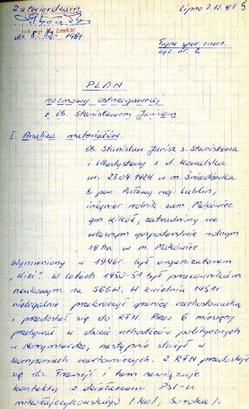 Plan rozmowy ostrzegawczej opracowany w ramach akcji „Klon” z dnia 07.12.1981 r. #1