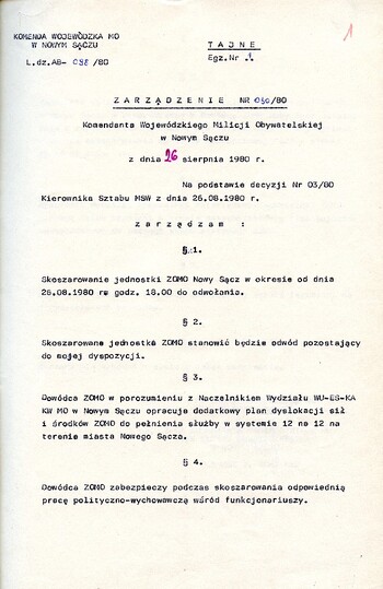 Zarządzenie nr 030/80 Komendanta Wojewódzkiego Milicji Obywatelskiej w Nowym Sączu z dnia 26.08.1980 – IPN Kr 038/8 t.2 (KWMO Nowy Sącz 33/IV)