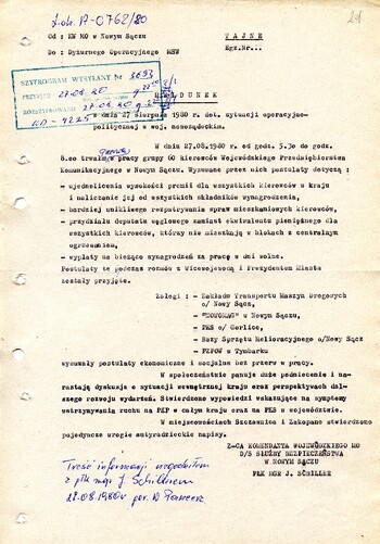 Meldunek dot. sytuacji operacyjno – politycznej w województwie nowosądeckim z dnia 27.08.1980 - IPN Kr 038/12 t.1 (KWMO Nowy Sącz 41/IV)