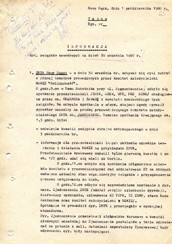 Informacja dotycząca związków zawodowych działających na terenie województwa nowosądeckiego z dnia 30.09.1980 - IPN Kr 038/12 t.1 (KWMO Nowy Sącz 41/IV)