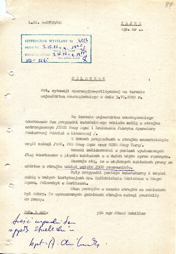 Meldunek dotyczący sytuacji operacyjno – politycznej na terenie województwa nowosądeckiego z dnia 03.10.1980 - IPN Kr 038/12 t.1 (KWMO Nowy Sącz 41/IV)