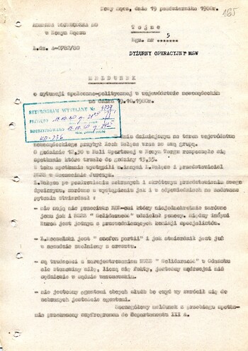 Meldunek dotyczący sytuacji społeczno – politycznej w województwie nowosądeckim z dnia 19.10.1980 - IPN Kr 038/12 t.1 (KWMO Nowy Sącz 41/IV)