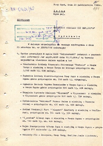 Informacja dotycząca powstania NSZZ „Solidarność” w zakładach pracy na terenie województwa nowosądeckiego z dnia 20.10.1980 - IPN Kr 038/12 t.1 (KWMO Nowy Sącz 41/IV)