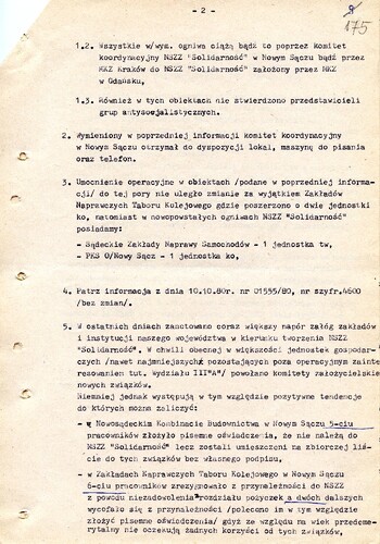 Informacja dotycząca powstania NSZZ „Solidarność” w zakładach pracy na terenie województwa nowosądeckiego z dnia 20.10.1980 - IPN Kr 038/12 t.1 (KWMO Nowy Sącz 41/IV)