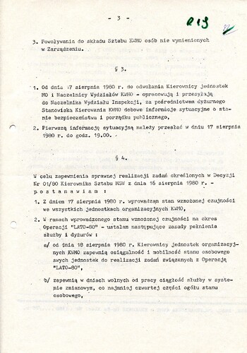 Zarządzenie nr 012/80 Komendanta Wojewódzkiego Milicji Obywatelskiej w Krakowie z dnia 17.08.1980 dotyczące zapewnienia bezpieczeństwa i porządku w województwie - IPN Kr 053/6 t.14 (KWMO Kraków 8/K)