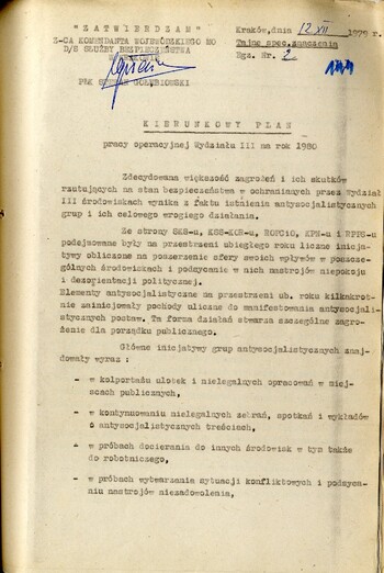 Plan pracy operacyjne Wydziału III KWMO w Krakowie na rok 1980 - IPN Kr 056/97 (KWMO Kraków 145/K)