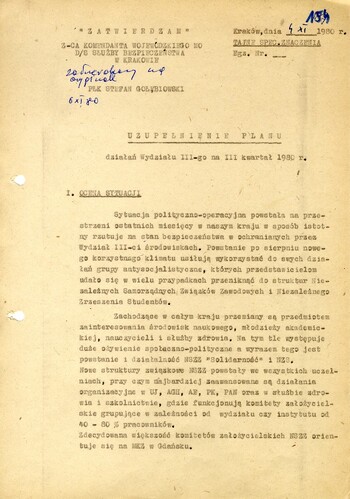 Uzupełnienie planu działań Wydziału III KWMO w Krakowie z dnia 04.11.1980 - IPN Kr 056/97 (KWMO Kraków 145/K)