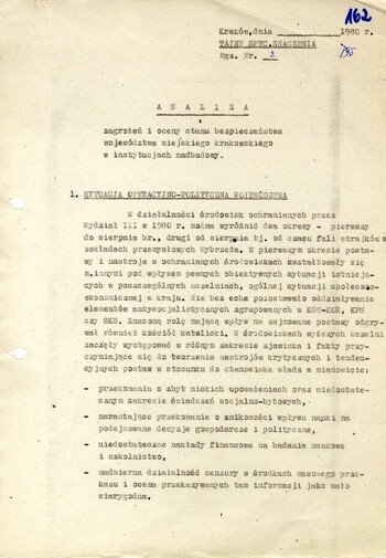 Analiza zagrożeń i stanu bezpieczeństwa województwa krakowskiego w 1980 r. - IPN Kr 056/97 (KWMO Kraków 145/K)