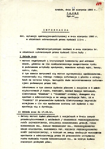 Informacja dotycząca sytuacji operacyjno – politycznej w miesiącu sierpniu 1980 r. w obiektach ochranianych operacyjnie przez Wydział III-A KWMO w Krakowie – IPN Kr 066/40 t.1 (KWMO Kraków 145/K)