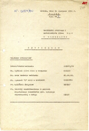 Szyfrogram z dnia 31.08.1980 r. skierowany do Naczelnika Wydziału I Departamentu III A MSW w Warszawie - IPN Kr 066/40 t. 1 (KWMO Kraków 145/K)