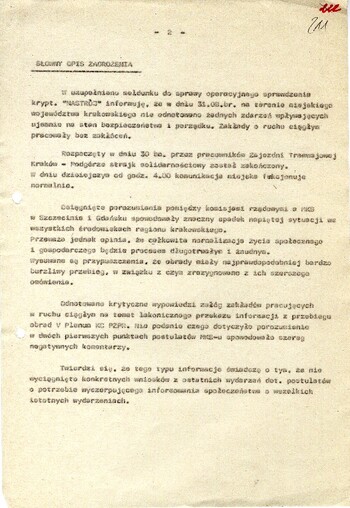 Szyfrogram z dnia 31.08.1980 r. skierowany do Naczelnika Wydziału I Departamentu III A MSW w Warszawie - IPN Kr 066/40 t. 1 (KWMO Kraków 145/K)