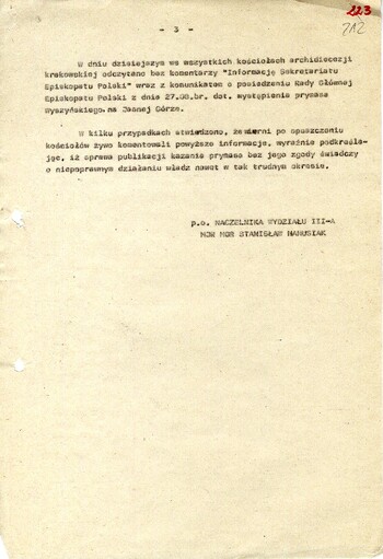 Szyfrogram z dnia 31.08.1980 r. skierowany do Naczelnika Wydziału I Departamentu III A MSW w Warszawie - IPN Kr 066/40 t. 1 (KWMO Kraków 145/K)