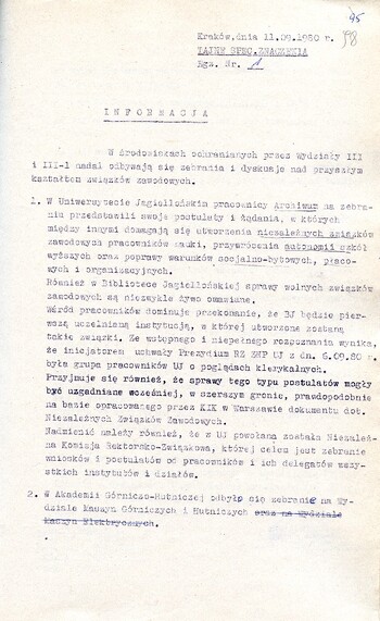 Informacja dotycząca sytuacji w środowiskach ochranianych operacyjnie przez Wydział III i III-A KWMO w Krakowie z dnia 11.09.1980 - IPN Kr 066/40 t. 2 (KWMO Kraków 145/K)