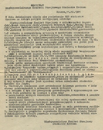 Komunikat MKS Studentów 1981 12 11