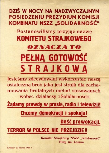 Plakat Komitetu Strajkowego NSZZ „Solidarność” Huty im. Lenina z 23.03.1981
