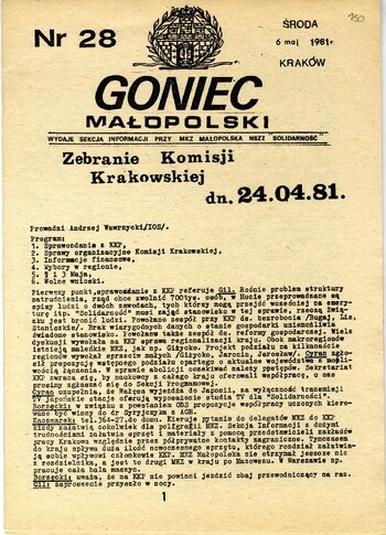 Strona tytułowa czasopisma „Goniec Małopolski” nr 26 z dnia 24.04.1981