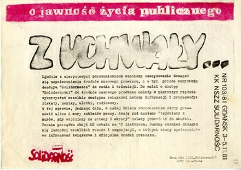Plakat NSZZ „Solidarność” Huty im. Lenina O jawności życia publicznego