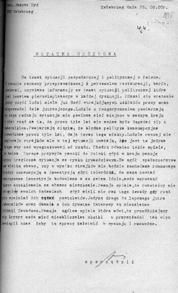 Notatka urzędowa podpisana przez szeregowego Janusza Rysia z KMMO Kołobrzeg z dnia 26.08.1980 r. Dokument pochodzi z akt o sygn. IPN Sz 350/49 – Komenda Miejska MO w Kołobrzegu, akcja „Lato 80”, karta 118.