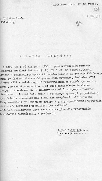 Notatka urzędowa podpisana przez Zdzisława Szulca z KMMO Kołobrzeg z dnia 26.08.1980 r. Dokument pochodzi z akt o sygn. IPN Sz 350/49 – Komenda Miejska MO w Kołobrzegu, akcja „Lato 80”, karta 121.