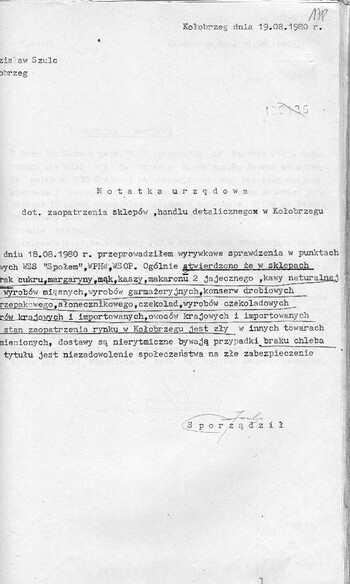 Notatka urzędowa Stanisława Szulca z KMMO Kołobrzeg z dnia 19.08.1980 r. Dokument pochodzi z akt o sygn. IPN Sz 350/49 – Komenda Miejska MO w Kołobrzegu, akcja „Lato 80”, karta 178.