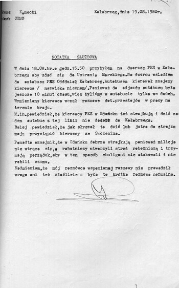 Notatka służbowa Tadeusza Komeckiego, członka ORMO w Kołobrzegu z dnia 19.08.1980 r. Dokument pochodzi z akt o sygn. IPN Sz 350/49 – Komenda Miejska MO w Kołobrzegu, akcja „Lato 80”, karta 157.