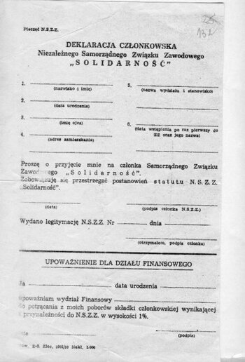 Deklaracja członkowska NSZZ Solidarność