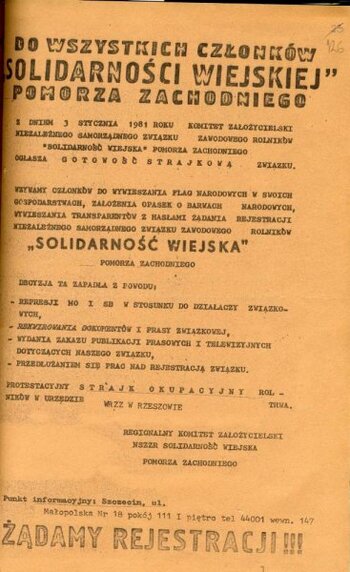 Ogłoszenie gotowości strajkowej przez "Solidarność Wiejską" Pomorza Zachodniego