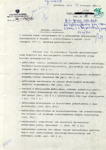1981 sierpień 11, Warszawa – Notatka służbowa w sprawie zasad postępowania MO w przypadku przestępstw popełnionych w związku z przewidywanym w dniach 17-22 sierpnia 1981 r. „marszem gwiaździstym”. #3